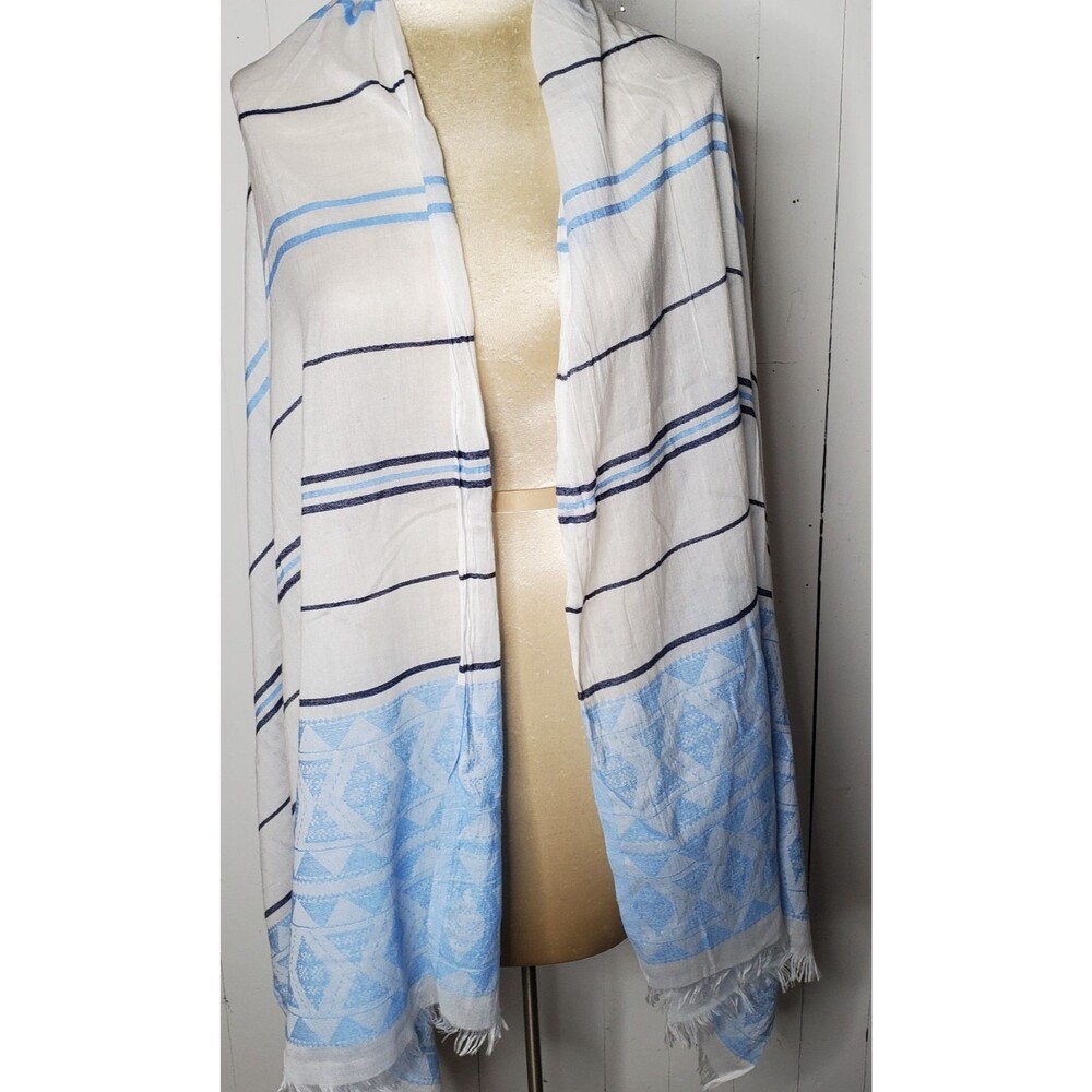 Scarf Shawl Wrap Blue White Striped Geometric Self Fringe Lightweight 30x76"